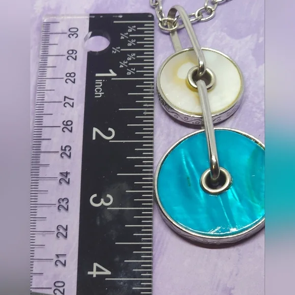 👍5 For $20 You & I Silver Tone Necklace Blue & White Abalone Circle Pendants - Picture 5 of 10
